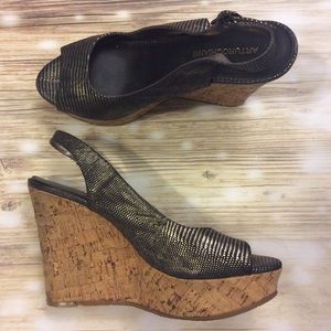 Arturo Chiang Metallic Black Leather & Cork Wedge